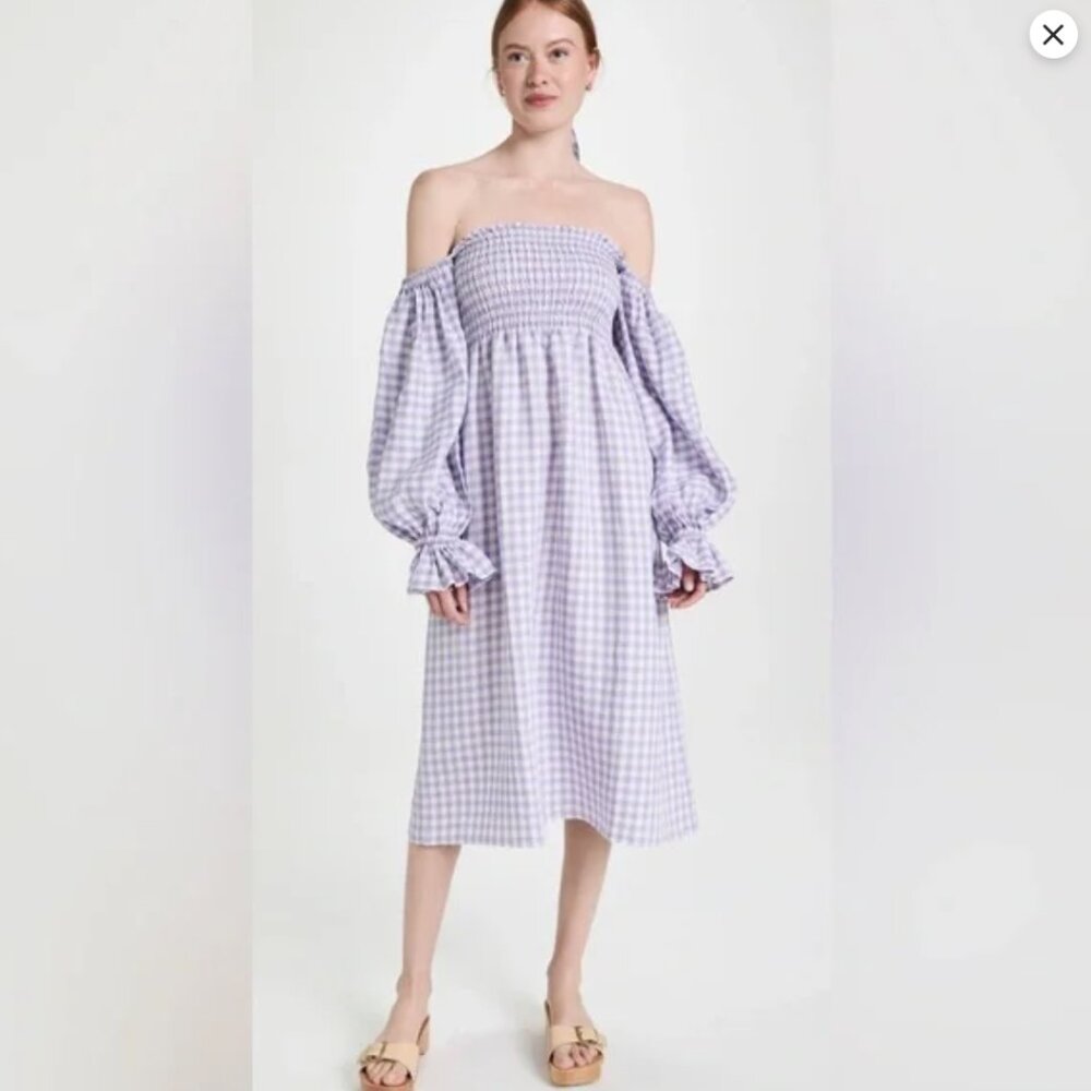 Sleeper Lavender Gingham Off-Shoulder Midi Dress